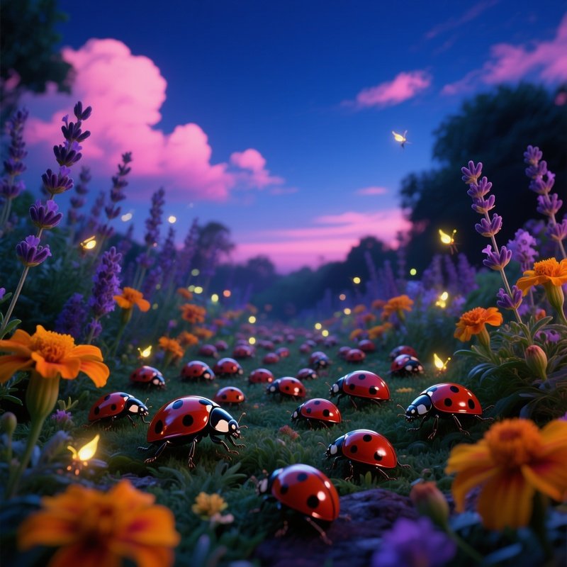 A Whimsical Garden Scene At Twilight Where Dozens Of Glossy Ladybugs Crawl Across Blooming