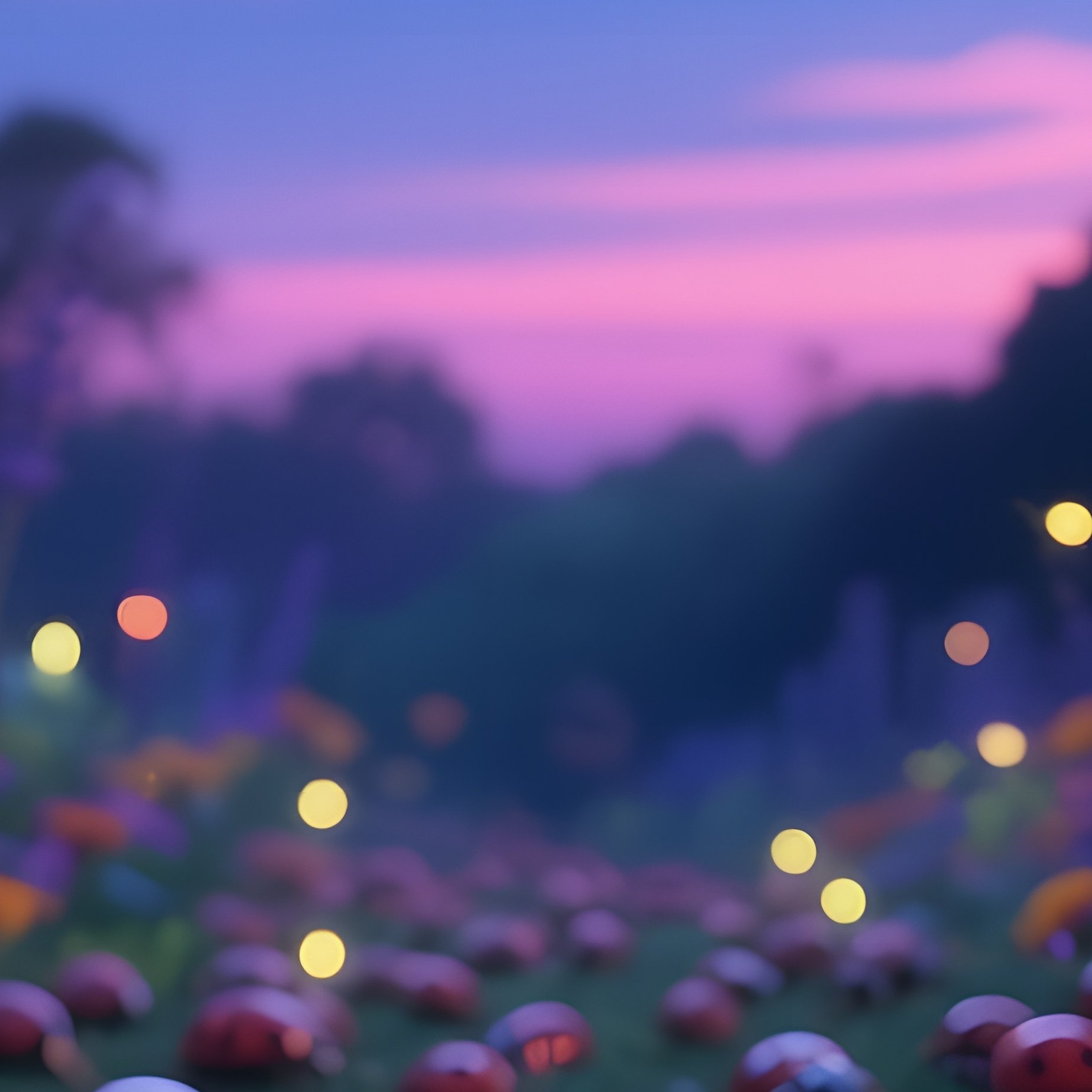 A Whimsical Garden Scene At Twilight Where Dozens Of Glossy Ladybugs Crawl Across Blooming - Full Resolution Quality Preview