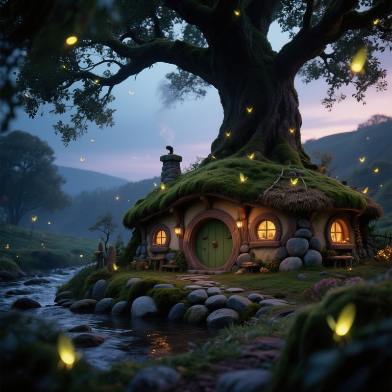A Whimsical Hobbit‑Style House Built From Smooth River Stones And Thatched Moss Roofs Nestles Under