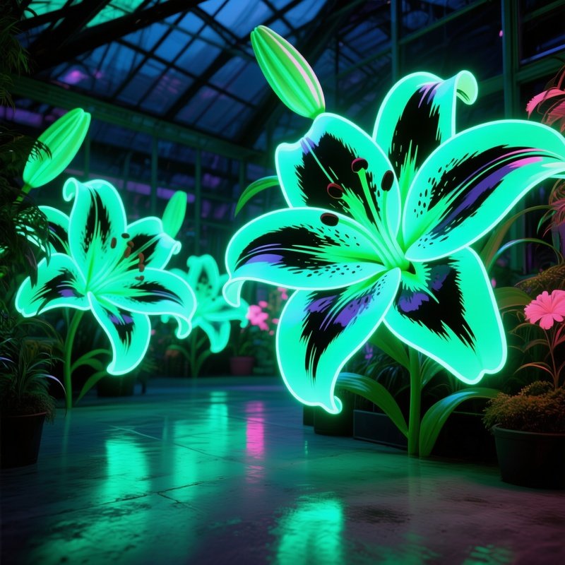 A Whimsical Indoor Greenhouse Where Giant Pop‑Art Lilies Glow Under Uv Blacklights, Each Petal