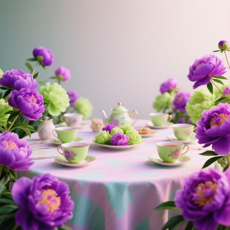 A Whimsical Tea Party Scene On A Pastel Tablecloth, Surrounded By Pop‑Art Peonies In Saturated