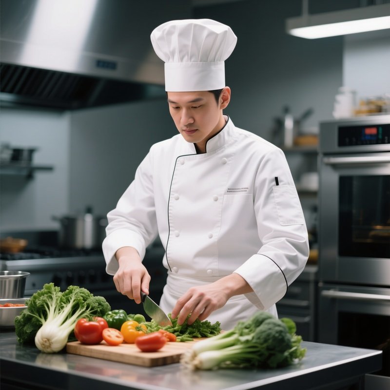 A White Chef Preparing Fresh Vegetables In A Professional Kitchen.