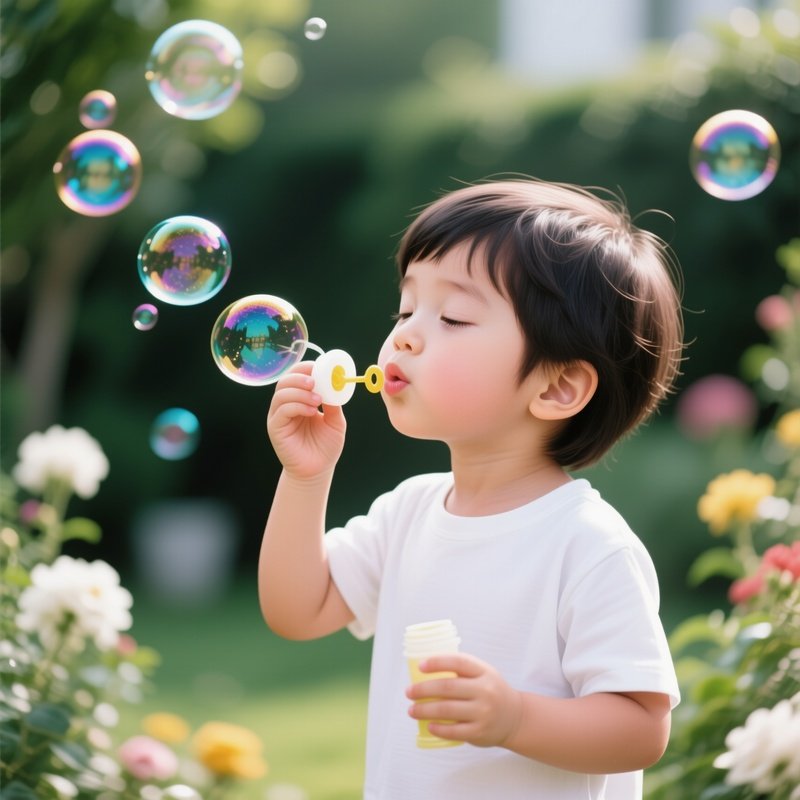 A White Child Blowing Soap Bubbles In The Garden.