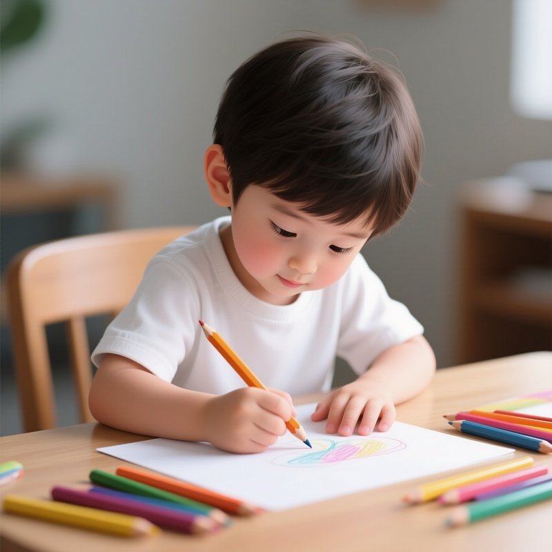 A White Child Drawing With Colorful Pencils At A Table.