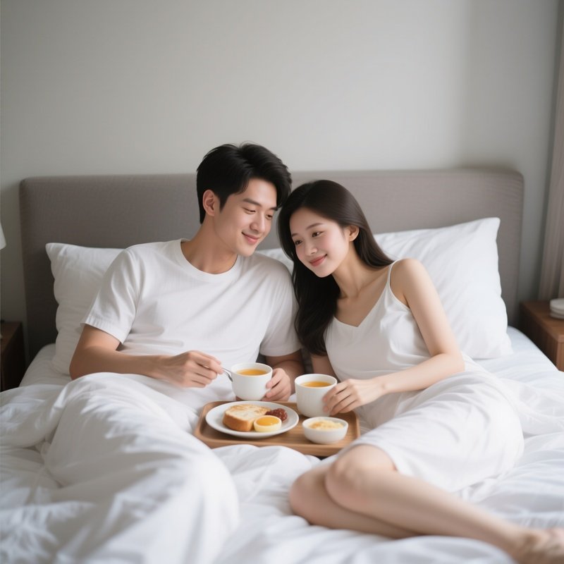 A White Couple Enjoying Breakfast In Bed On A Weekend Morning.