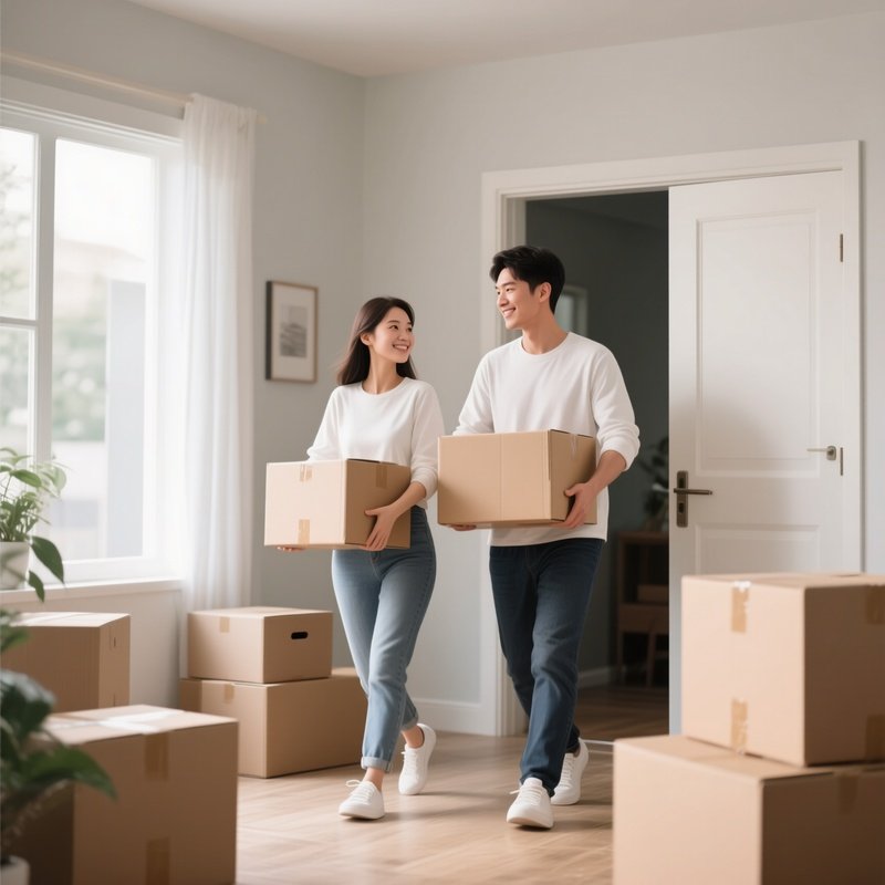 A White Couple Moving Into A New Home And Carrying Boxes.