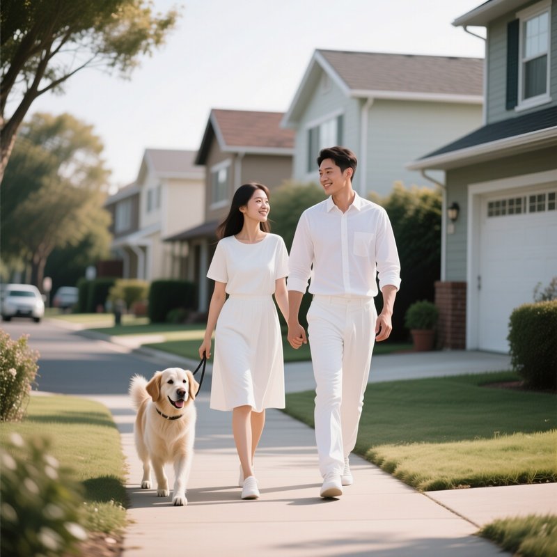 A White Couple Walking Their Dog In The Neighborhood.