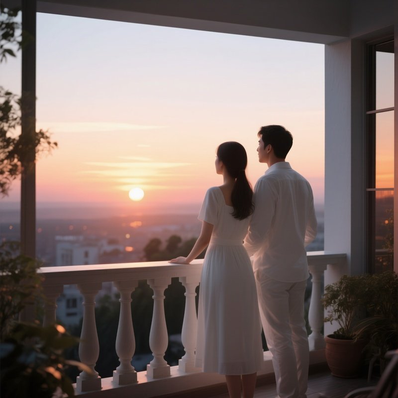 A White Couple Watching The Sunset From A Balcony.
