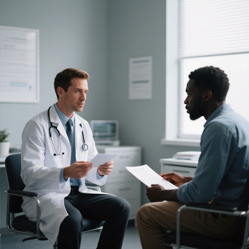 A White Doctor And Black Patient Discussing Results In A Consultation Room.