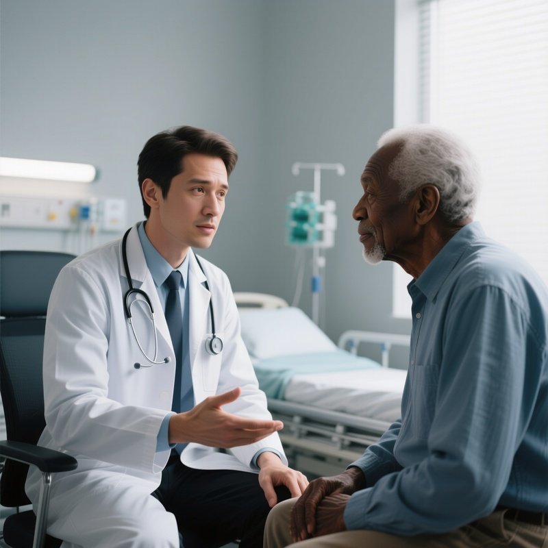 A White Doctor Talking Reassuringly To A Black Senior Patient In A Medical Office.
