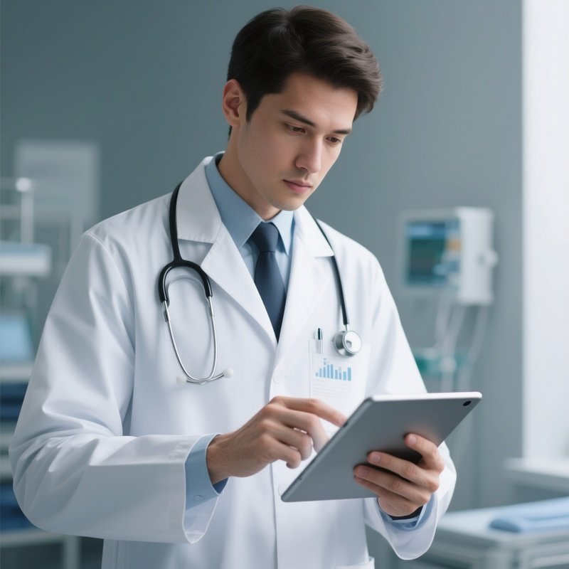 A White Doctor Using A Digital Tablet To Review Patient Data.