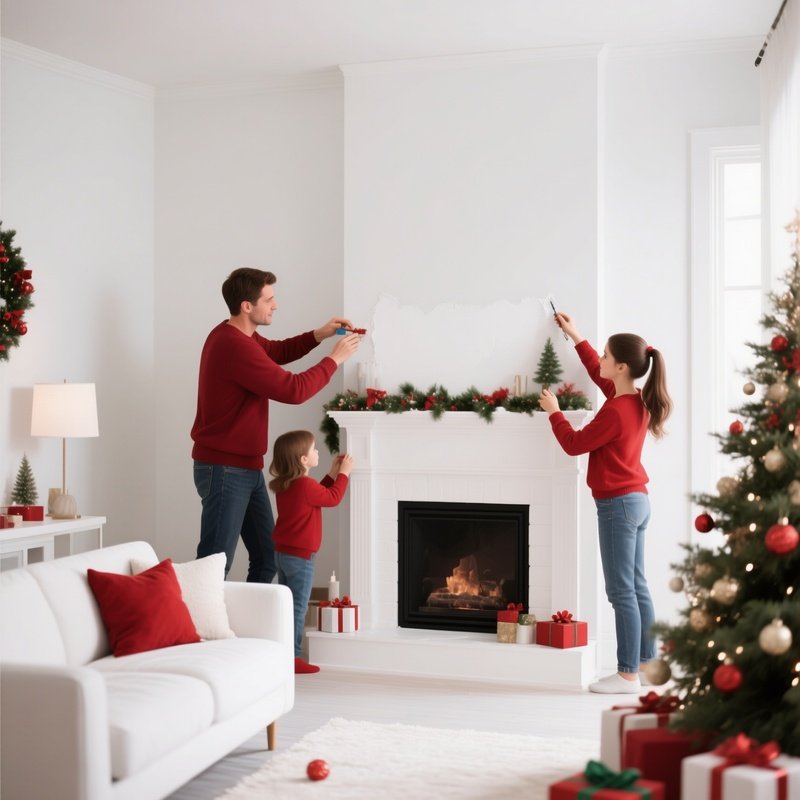 A White Family Decorating Their Home For The Holidays.
