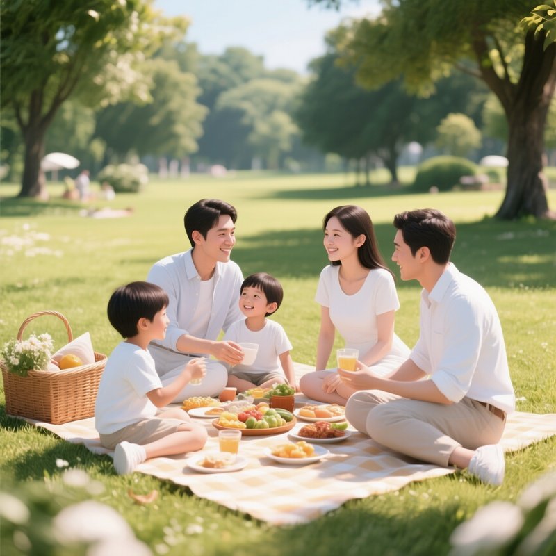 A White Family Enjoying A Picnic On A Sunny Day.