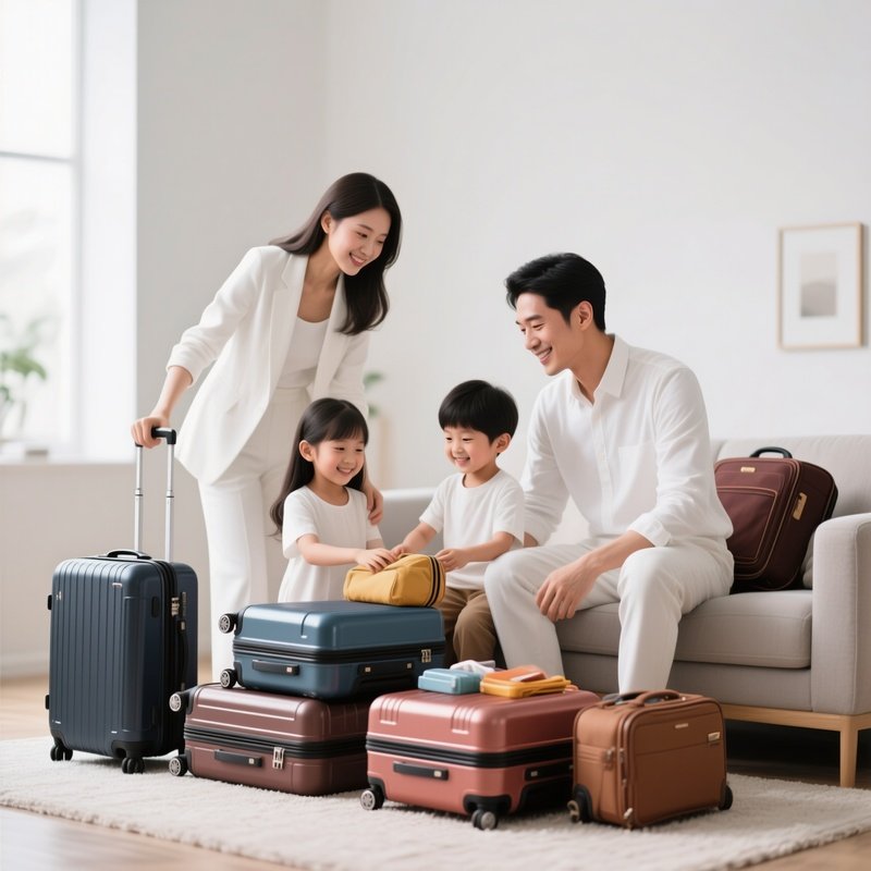 A White Family Packing Suitcases For A Vacation Trip.