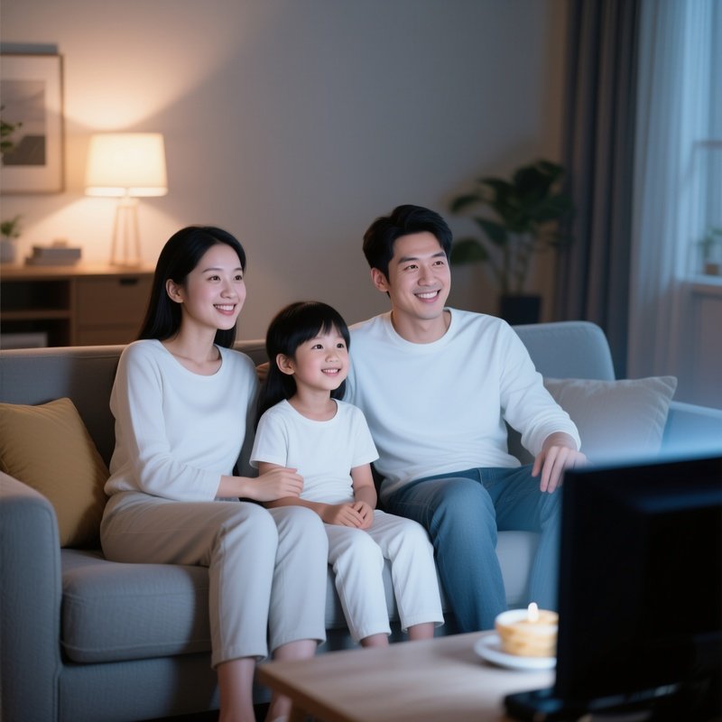 A White Family Watching A Movie Together On The Couch.