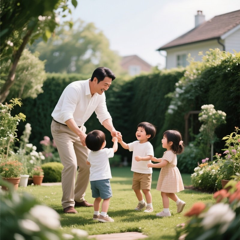 A White Father Playing With His Children In The Garden.