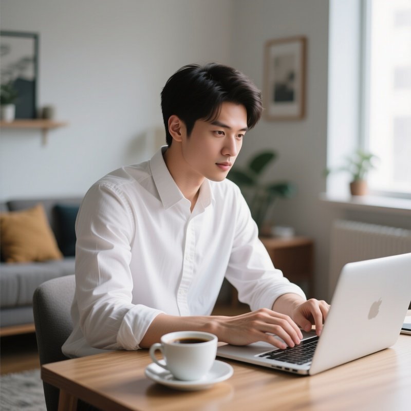 A White Freelancer Working From Home With A Cup Of Coffee.