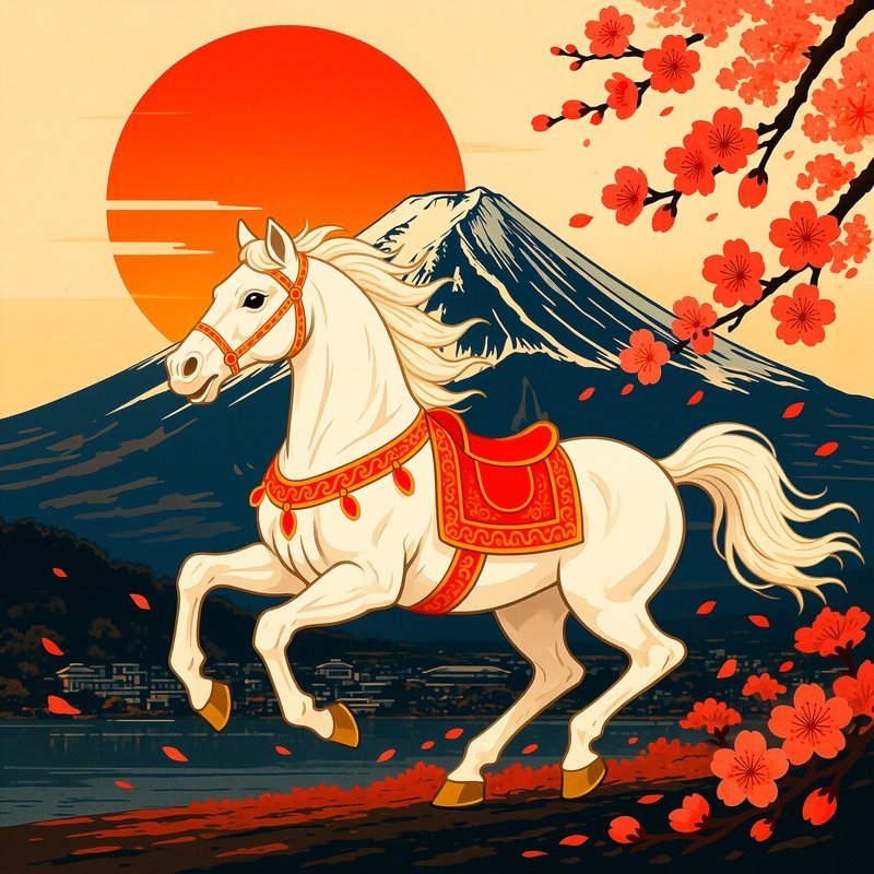 A White Horse Running In Front Of Mount Fuji Japanese Art Horse