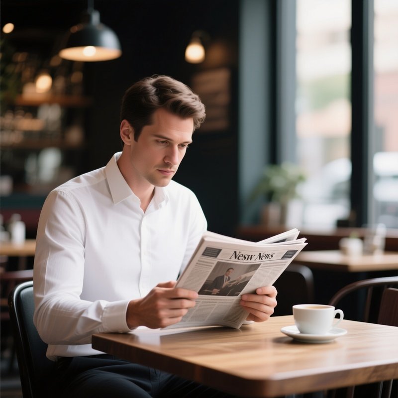 A White Man Reading The News On A Tablet In A Café.