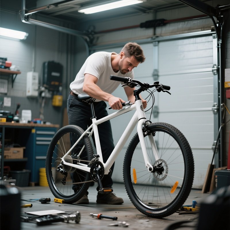 A White Man Repairing A Bicycle In A Garage.