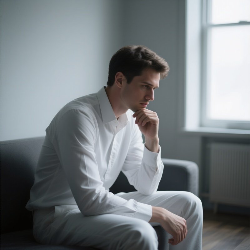 A White Man Sitting Alone And Thinking In A Quiet Room.