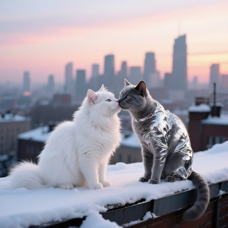 A White Persian Cat Leans Into A Silver Coated Russian Blue For A Tender Kiss On A Snowy Rooftop,