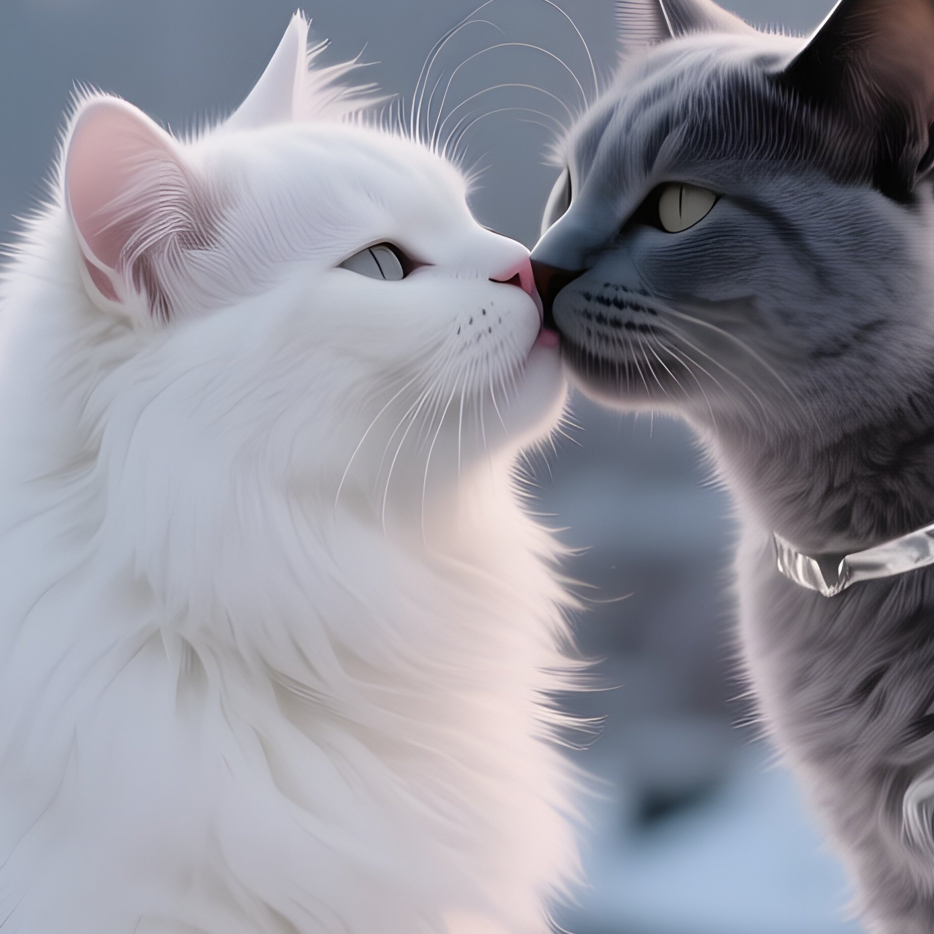 A White Persian Cat Leans Into A Silver Coated Russian Blue For A Tender Kiss On A Snowy Rooftop, - Full Resolution Quality Preview