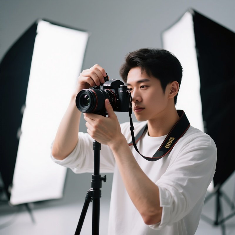 A White Photographer Adjusting Camera Settings During A Photoshoot.