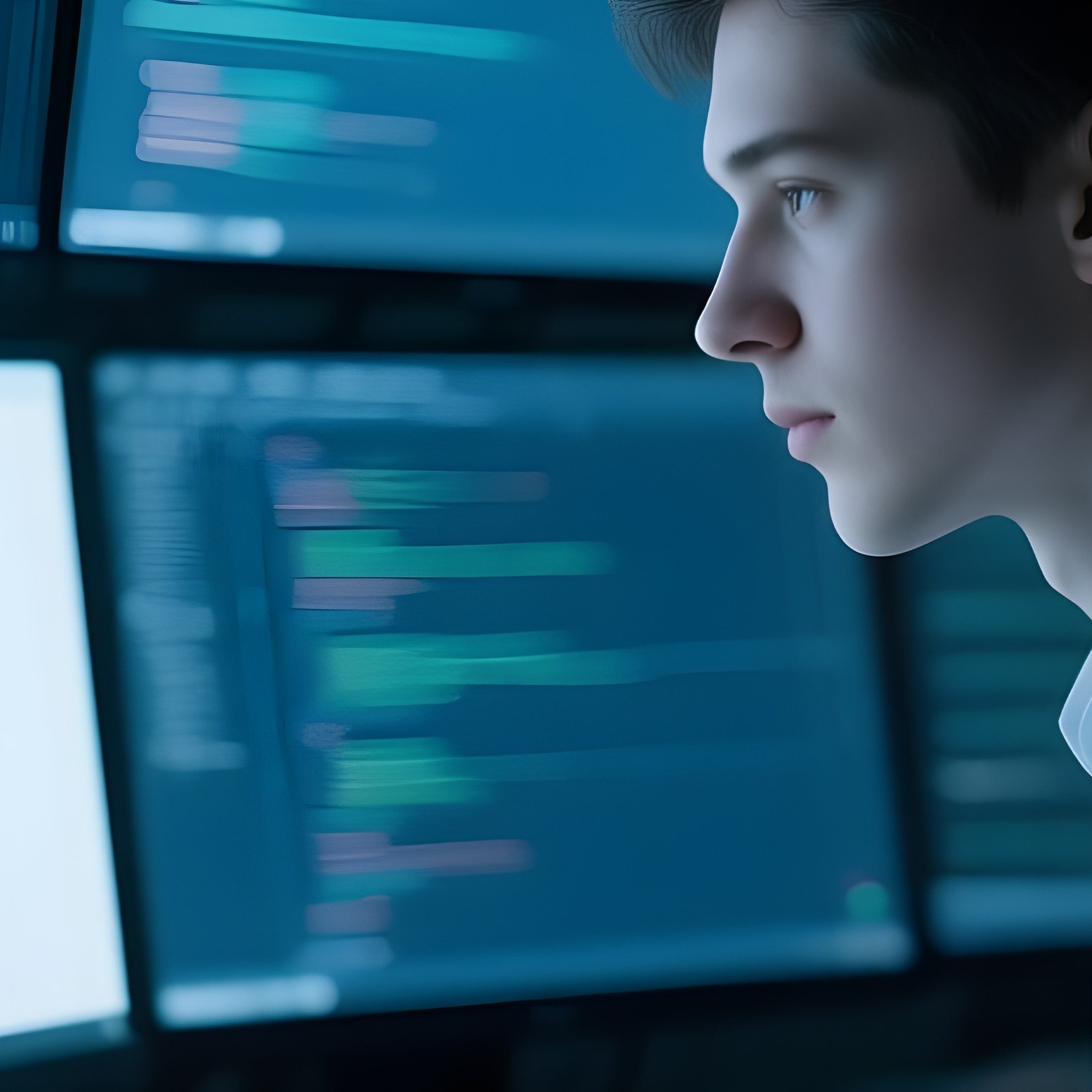 A White Programmer Working Late At Night With Multiple Computer Screens. - Full Resolution Quality Preview