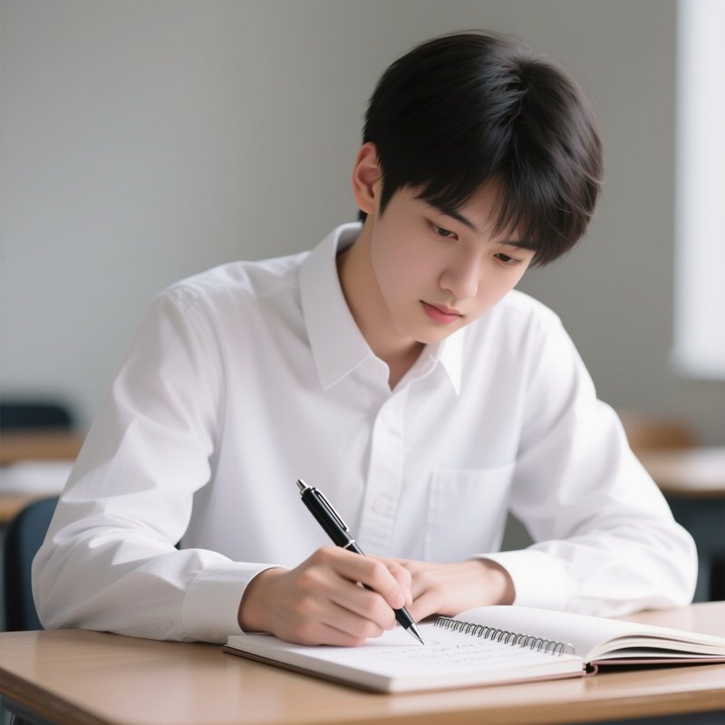 A White Student Writing Notes With A Pen And Notebook.