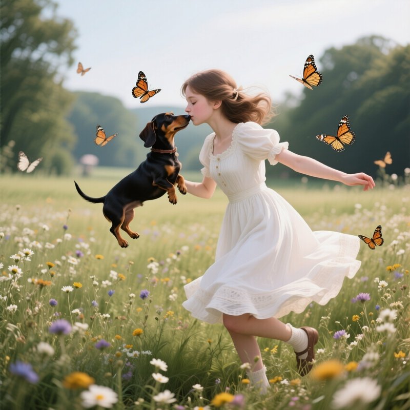 A White Teenage Girl In A Vintage Dress Twirling In A Meadow Full Of Wildflowers, Pausing To Kiss