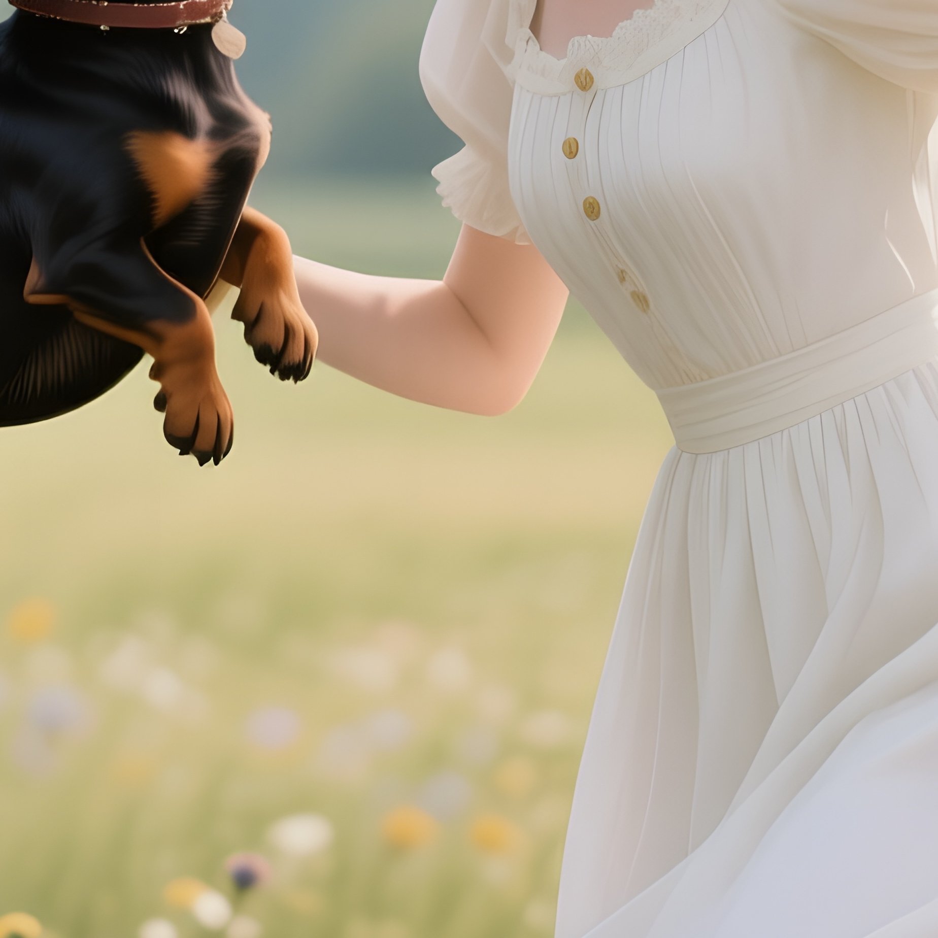 A White Teenage Girl In A Vintage Dress Twirling In A Meadow Full Of Wildflowers, Pausing To Kiss - Full Resolution Quality Preview
