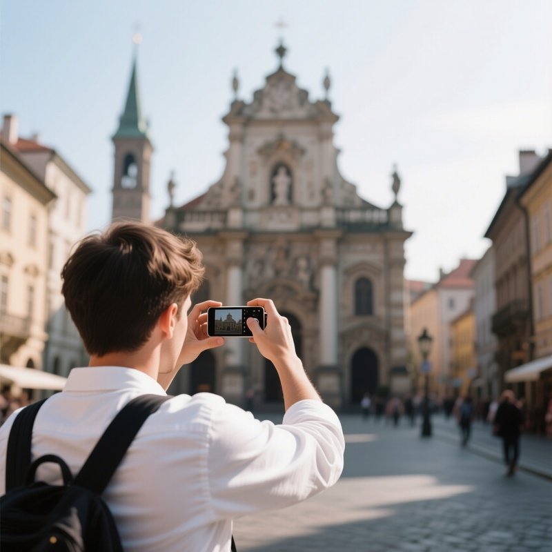 A White Tourist Taking Photos Of A Historic City Landmark.