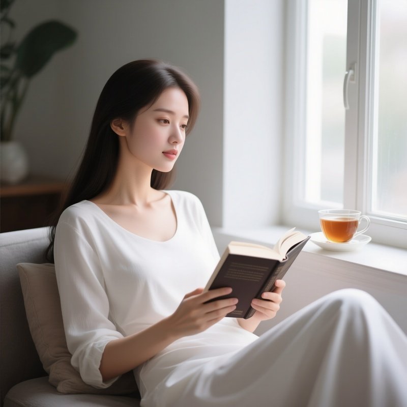 A White Woman Relaxing With A Book And Tea By The Window.