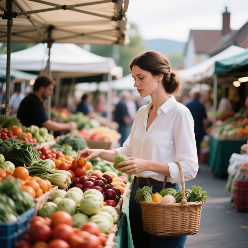 A White Woman Shopping For Fresh Produce At A Local Farmers Market.