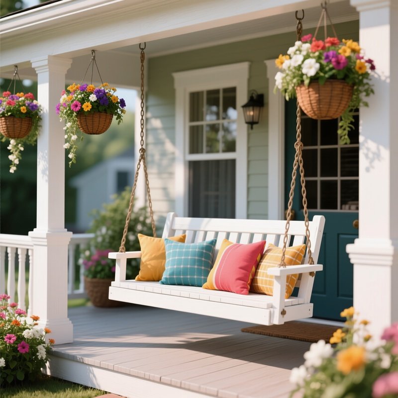 A White Wooden Porch Swing Hanging On A Front Veranda, Adorned With Colorful Weather Resistant Pillows And Surrounded By Hanging Flower Baskets.