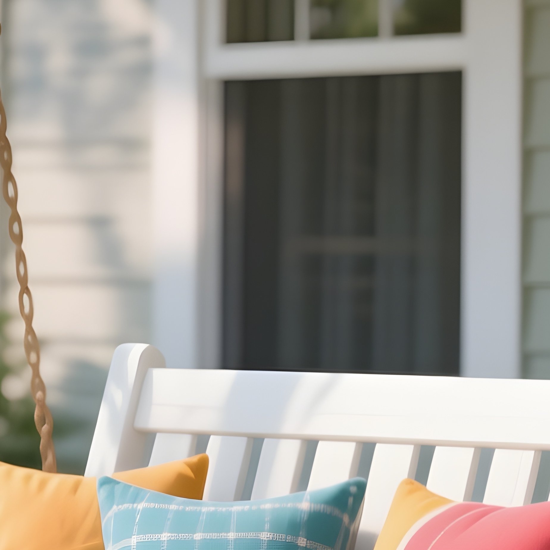 A White Wooden Porch Swing Hanging On A Front Veranda, Adorned With Colorful Weather Resistant Pillows And Surrounded By Hanging Flower Baskets. - Full Resolution Quality Preview