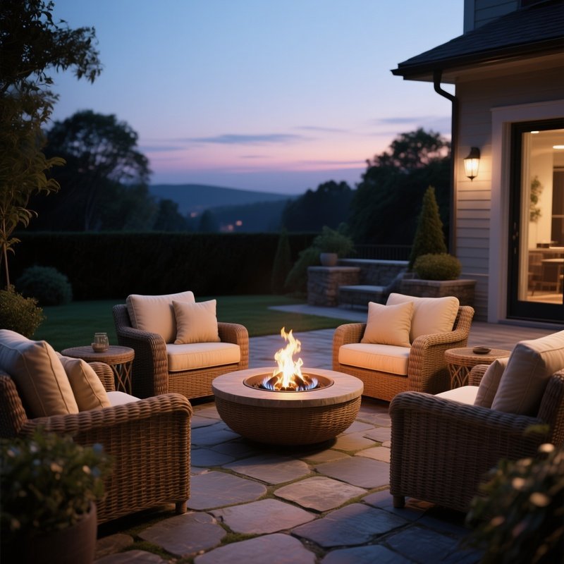 A Wicker Patio Conversation Set With Plush Beige Cushions, Arranged Around A Gas Fire Pit On A Stone Terrace During Twilight Hours.