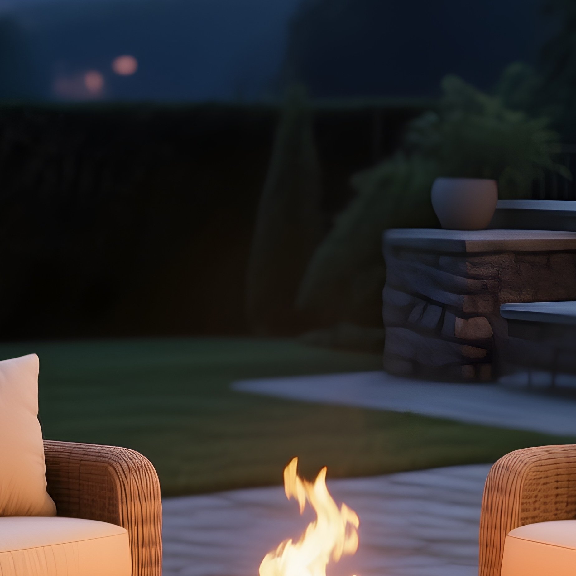 A Wicker Patio Conversation Set With Plush Beige Cushions, Arranged Around A Gas Fire Pit On A Stone Terrace During Twilight Hours. - Full Resolution Quality Preview