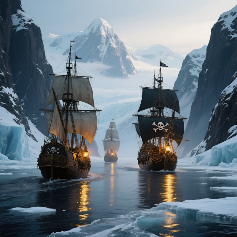A Wide Shot Of A Pirate Convoy Navigating Narrow Icy Fjords, Snow Capped Peaks Towering Above, With
