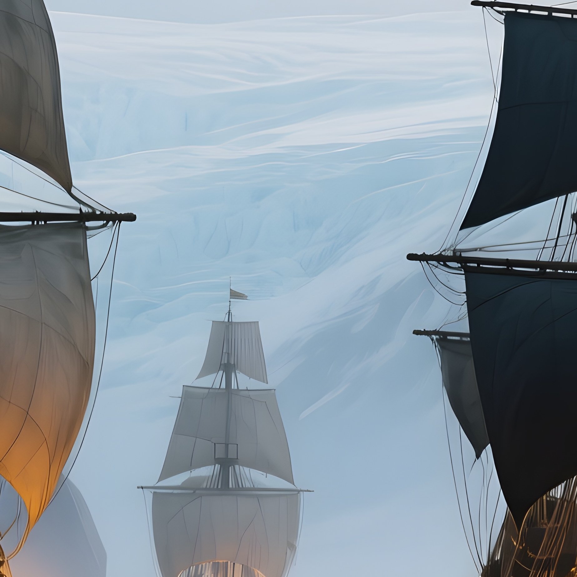 A Wide Shot Of A Pirate Convoy Navigating Narrow Icy Fjords, Snow Capped Peaks Towering Above, With - Full Resolution Quality Preview