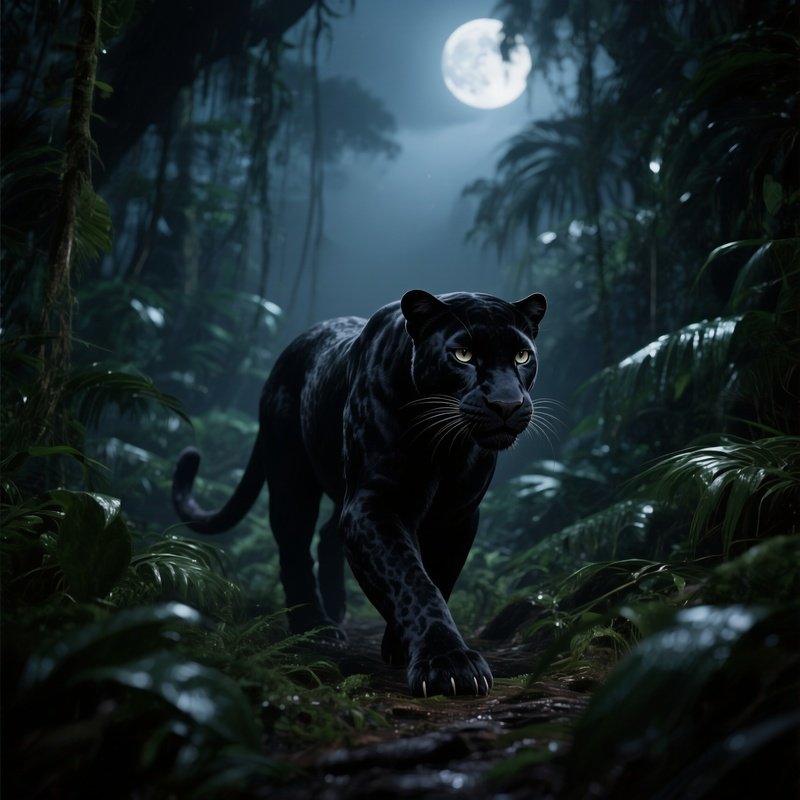 A Wild Black Panther Moving Silently Through Dense Moonlit Jungle.