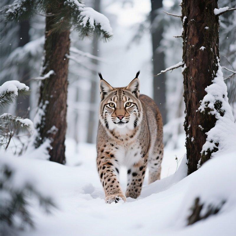 A Wild Lynx Emerging From A Snow Covered Pine Forest.