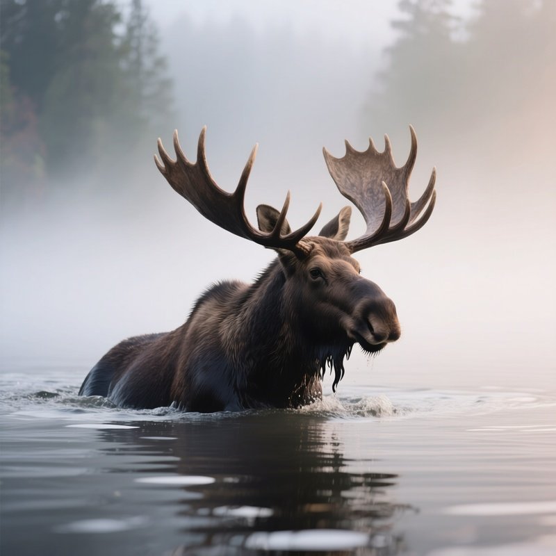 A Wild Moose Swimming Through Foggy Early Morning Waters.