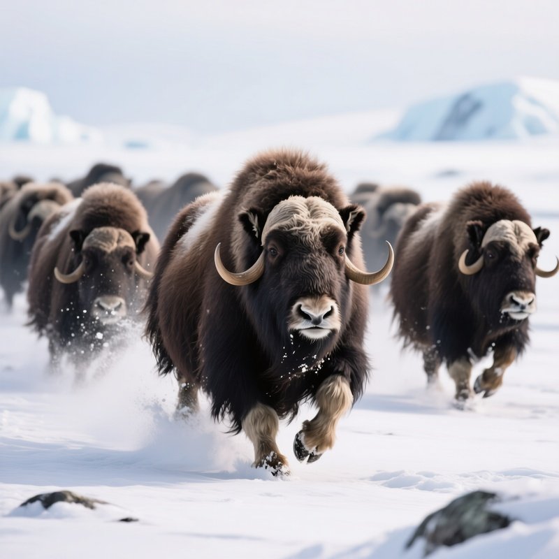 A Wild Musk Ox Herd Charging Through Arctic Snow.