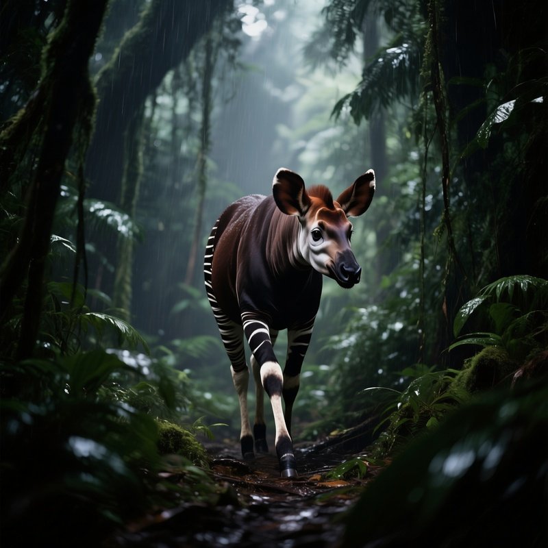 A Wild Okapi Stepping Cautiously Through Dense, Shadowed Rainforest.