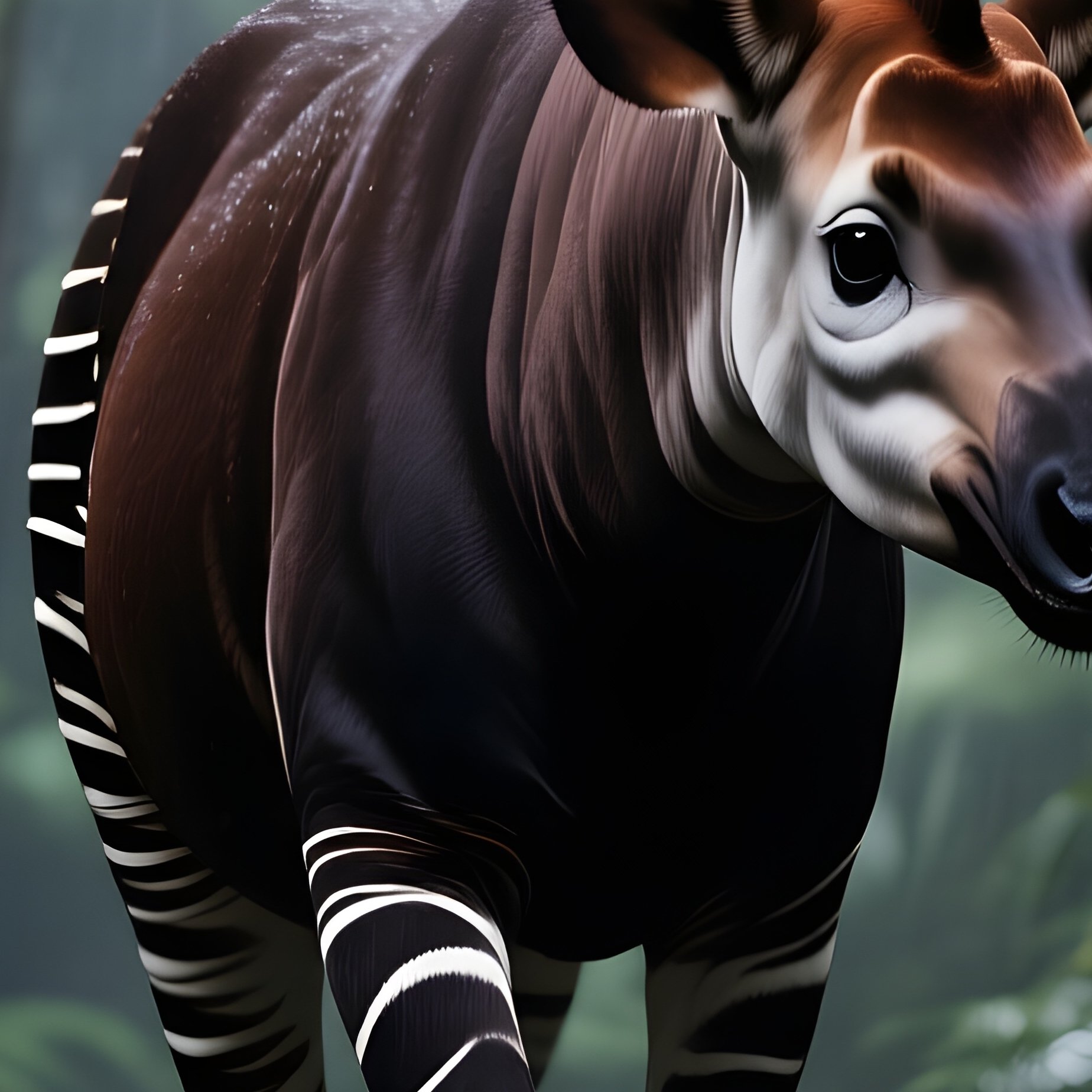 A Wild Okapi Stepping Cautiously Through Dense, Shadowed Rainforest. - Full Resolution Quality Preview