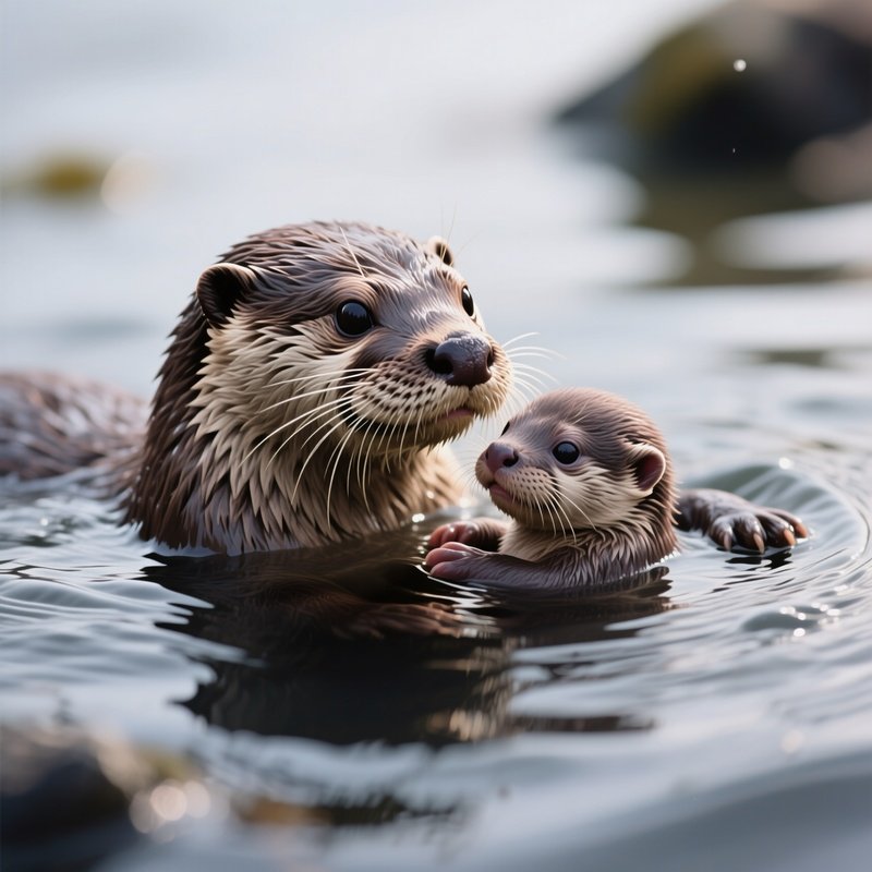 A Wild Otter Floating With Its Newborn Pup.