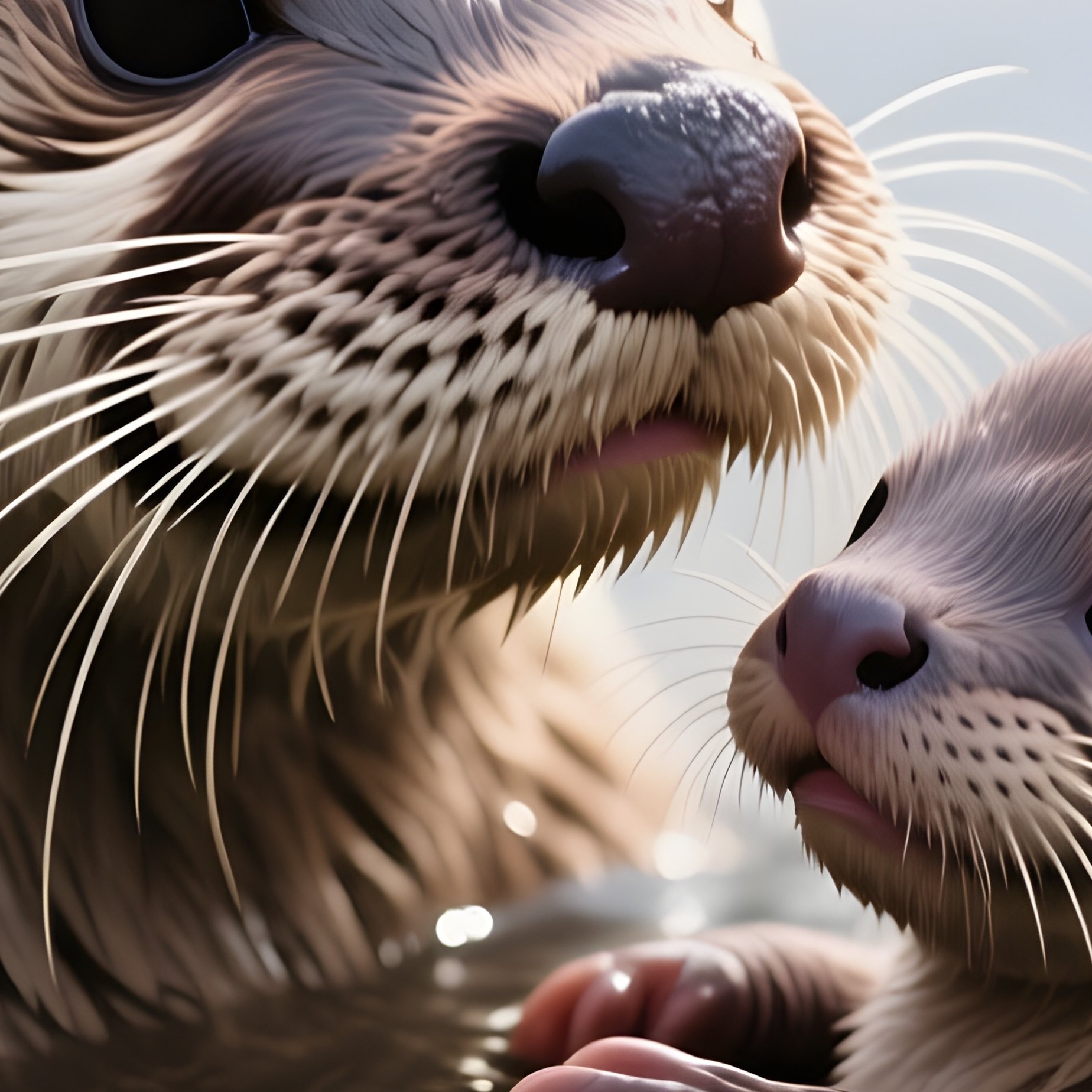 A Wild Otter Floating With Its Newborn Pup. - Full Resolution Quality Preview