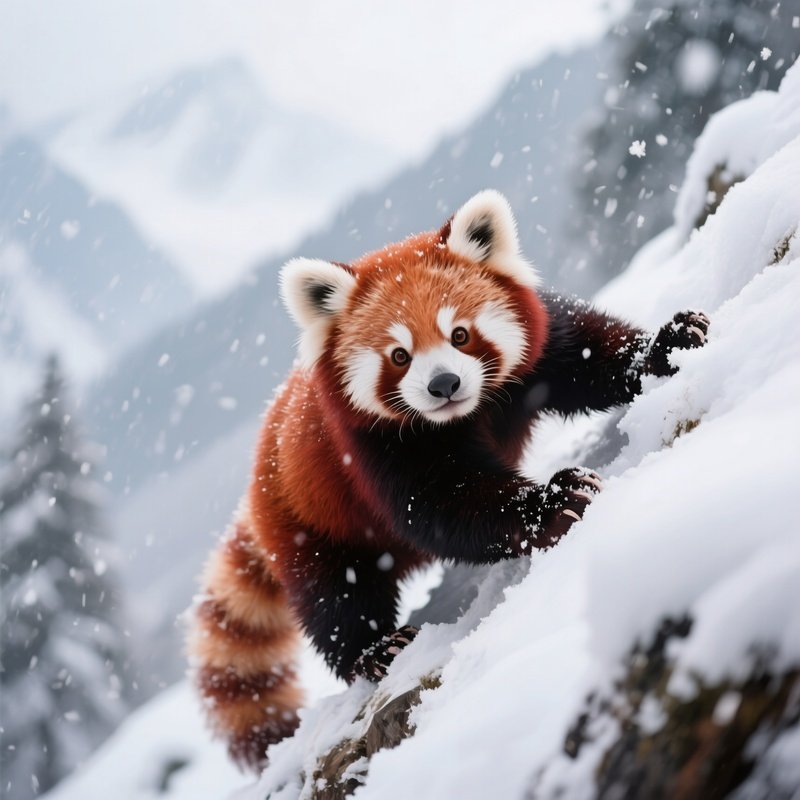 A Wild Red Panda Climbing Through Heavy Himalayan Snowfall.